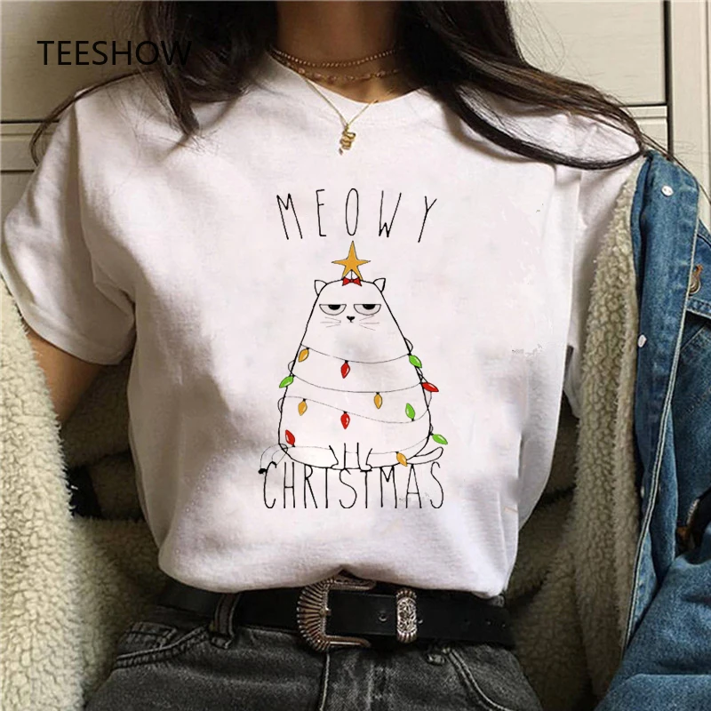 

Christmas T-Shirts Merry Catmas Letter Tshirt Women Funny Print Cat Trees Cute Cartoon T Shirt Fashion Gift Tops Tee Female