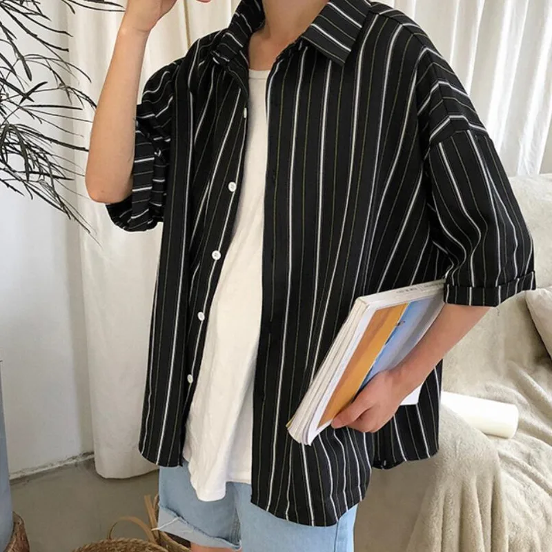

Summer Striped Shirts Men's Fashion Casual Shirts Men Streetwear Korean Loose Short-sleeved Shirts Mens Dress Shirts M-5XL