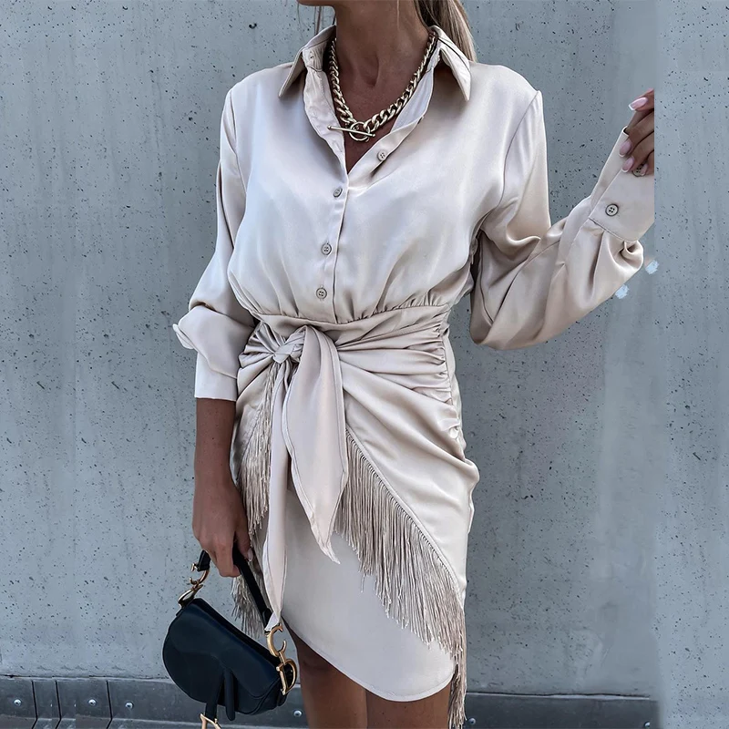 

Elegant Women Turndown Collar Button Mini Dress Casual Asymmetrical Solid Color Tassel Party Dresses Spring Slim Lace Up Vestido