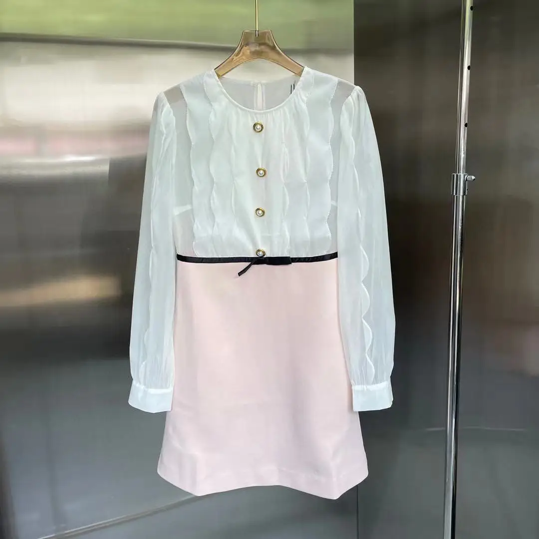 

Fashion Runway 2021 Autumn Mini Dress Women Hot Sale Long Sleeves Bow Color Patchwork A Line Elegant Party Dresses