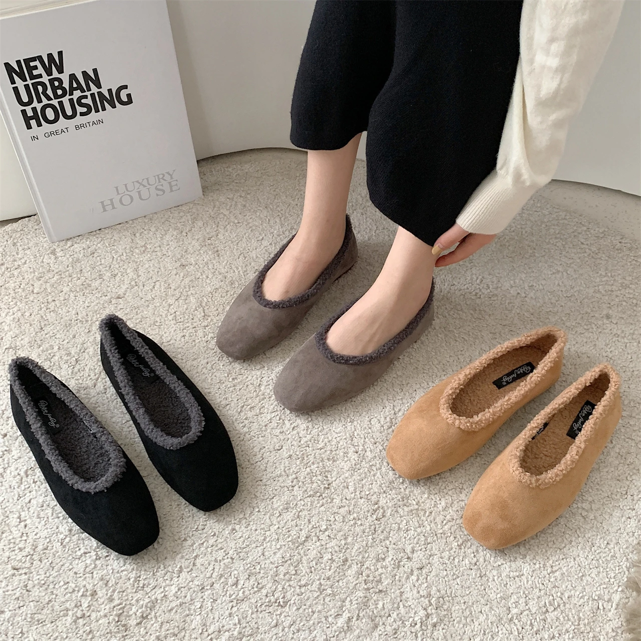 

Bailamos Women's Flats Square Toe Corduroy Warm Single Shoes Slip On Flat Lazy Shoe Furry loafers Shoes Outside Home Moccasins