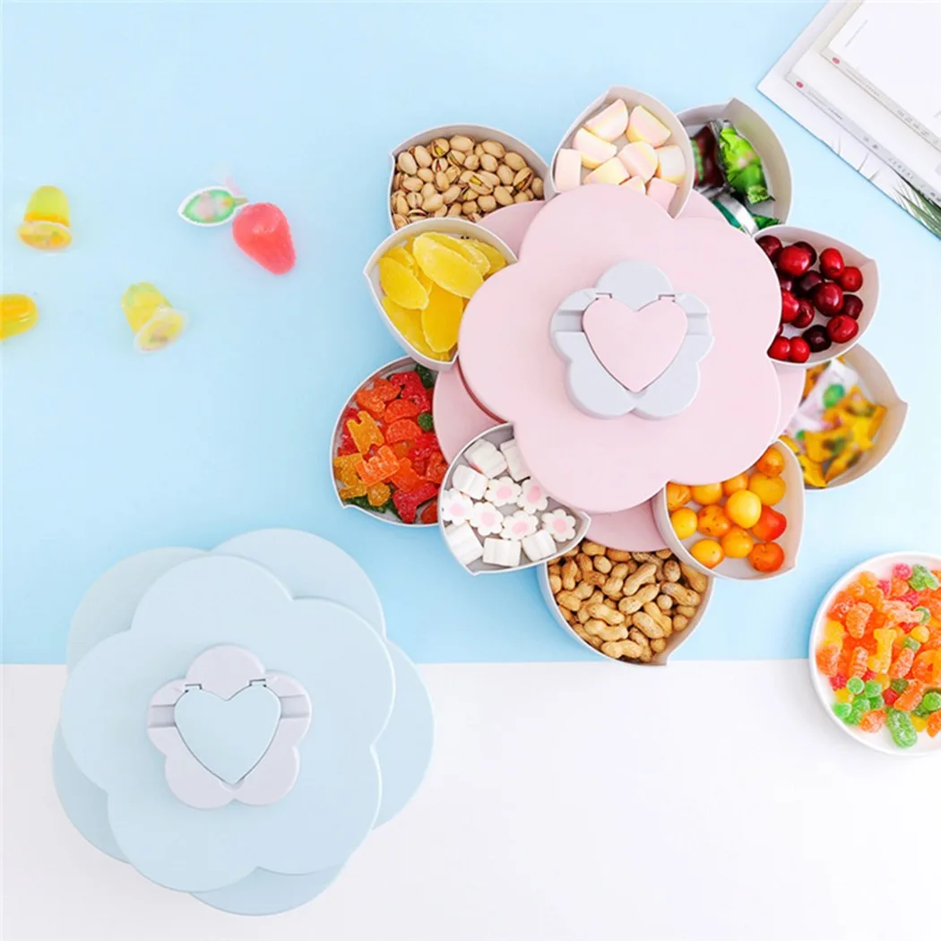 

Petal-Shape Rotating Storage Box Snack Nuts Candy Container Case Fruit Plate Food Storage Case Double-deck Dried Fruit Dish