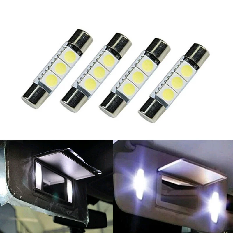 

4Pcs HID White 5050 3-SMD 31mm 6641F Fuse Shape LED Bulbs Mirror Light Sun Visor Lamps Universal Interior Parts Car Accessories