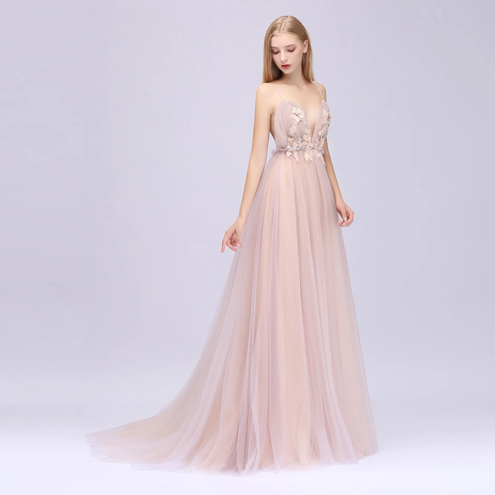 SSYFashion, новинка, сексуальное розовое вечернее платье с v-образным вырезом, без рукавов, Цветочная аппликация, шлейф, без спинки, вечерние платья для выпускного вечера, Robe De Soiree