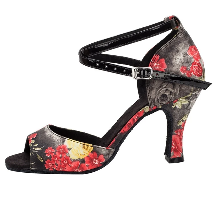 HXYOO/атласная обувь для латинских танцев с черными цветами Танцевальная сальсы