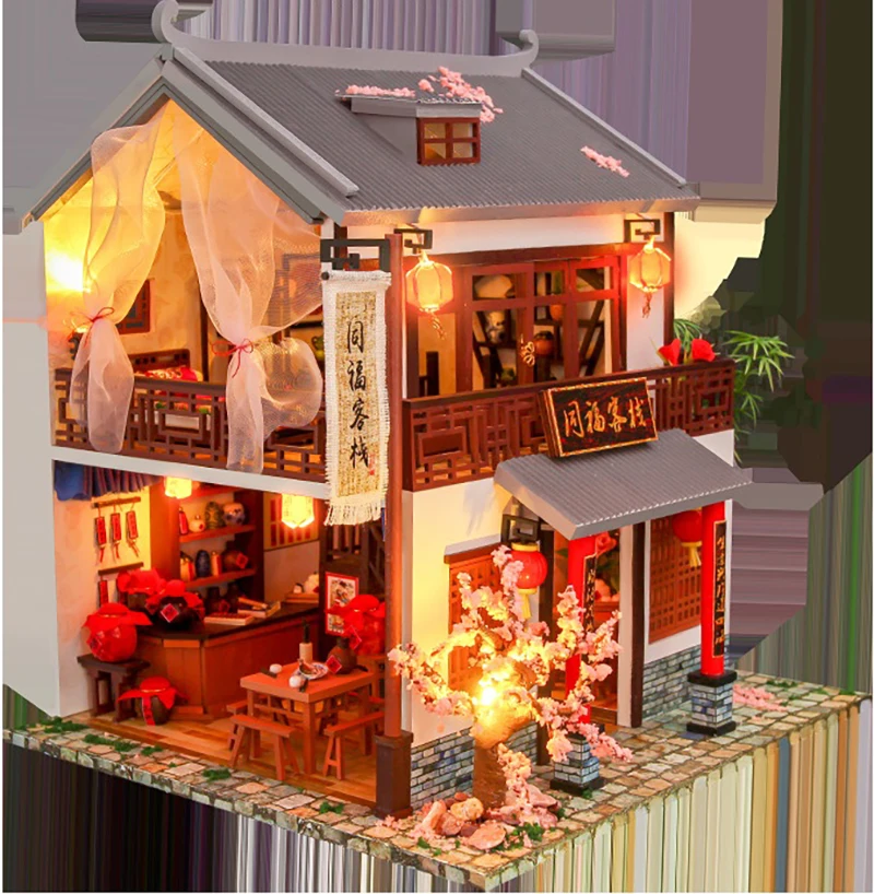 

DIY Chinese Architecture Inn Wooden Dollhouse Miniature Furniture With LED Kits Doll Houses Assemble Toys Kids Christmas Gift