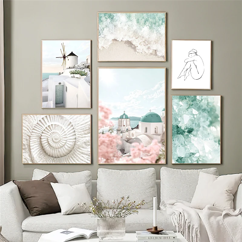 

Beach sea waves flowers Santorini wall art canvas painting Nordic posters and prints living room home decoration wall pictures