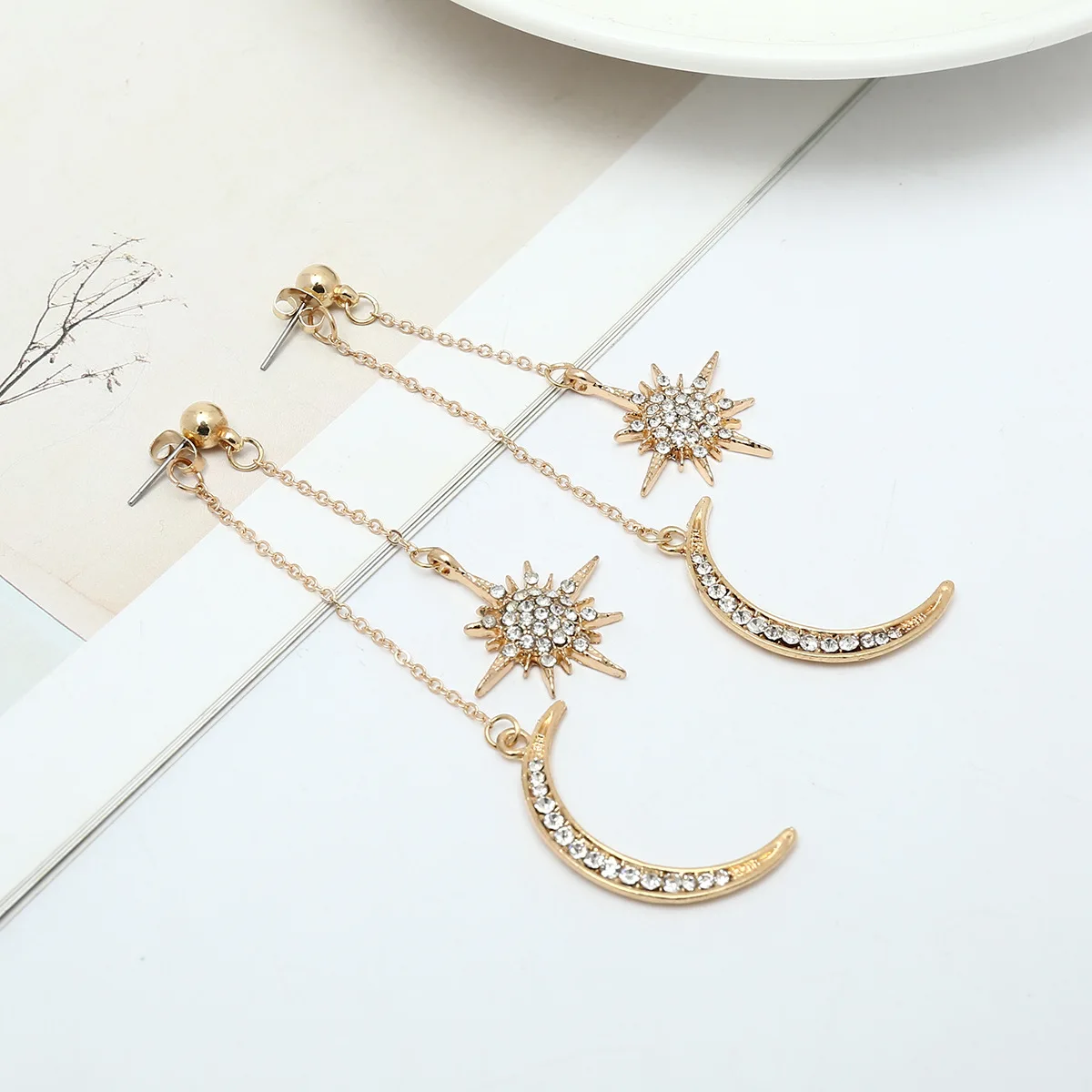 Elegant Fashion Long Earrings For Women Gold Color Moon Star Drop Dangle Jewelry Geometric Rhinestone Earring Wholesale | Украшения и