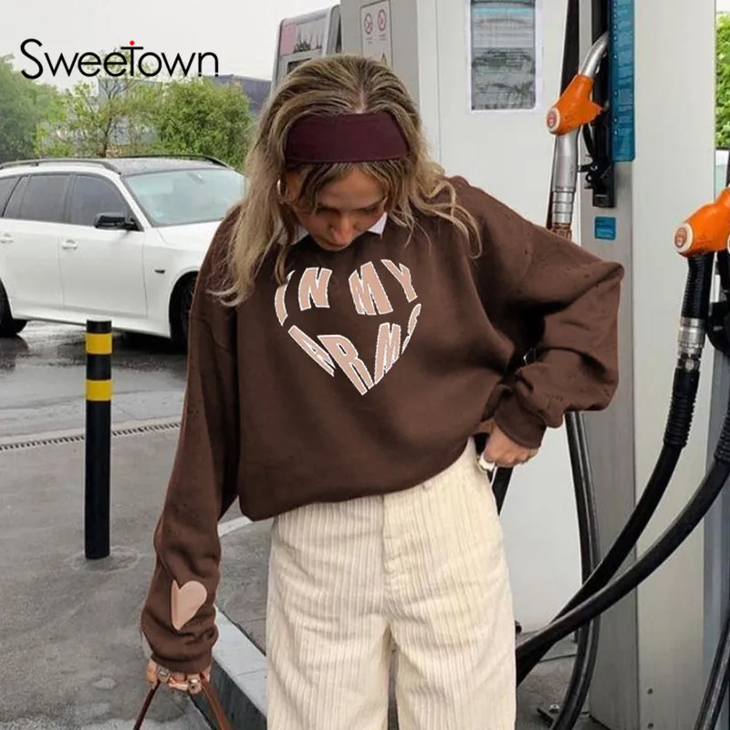 

Коричневый винтажный новый пуловер Sweetown, свитшоты оверсайз, корейская мода, круглый вырез, длинные рукава, осенние пуловеры, Повседневная У...