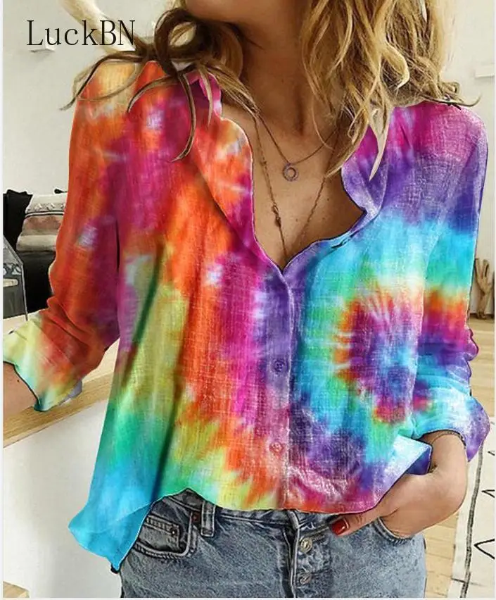 

Ladies Blouses Spring Summer 2021 Tie-Dye Printed Tops Long Sleeves Rejected Lower Collar Office Shirt Blusas Mujer Plus Size