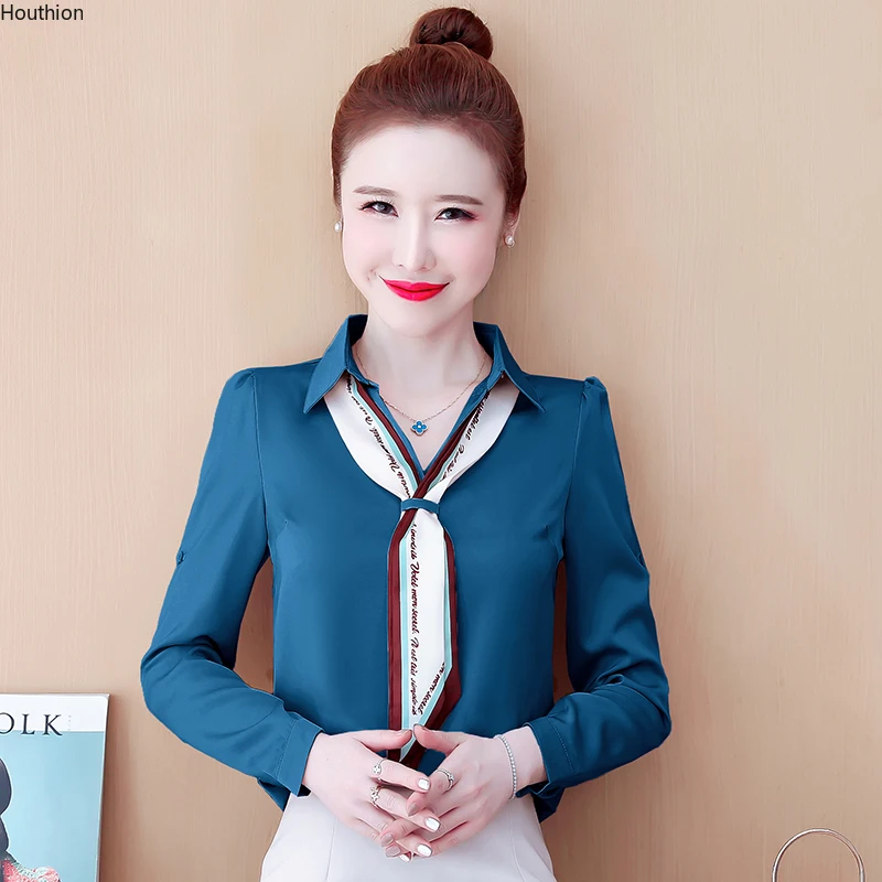 

Summer New Women's Blouses Polo Shirt Long Sleeve Top Solid Satin Casual Fashion Loose Female Clothing Houthion