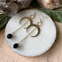 black onyx silver color or gold plated crescent moon dangle earrings celestial witchy crystal jewelry