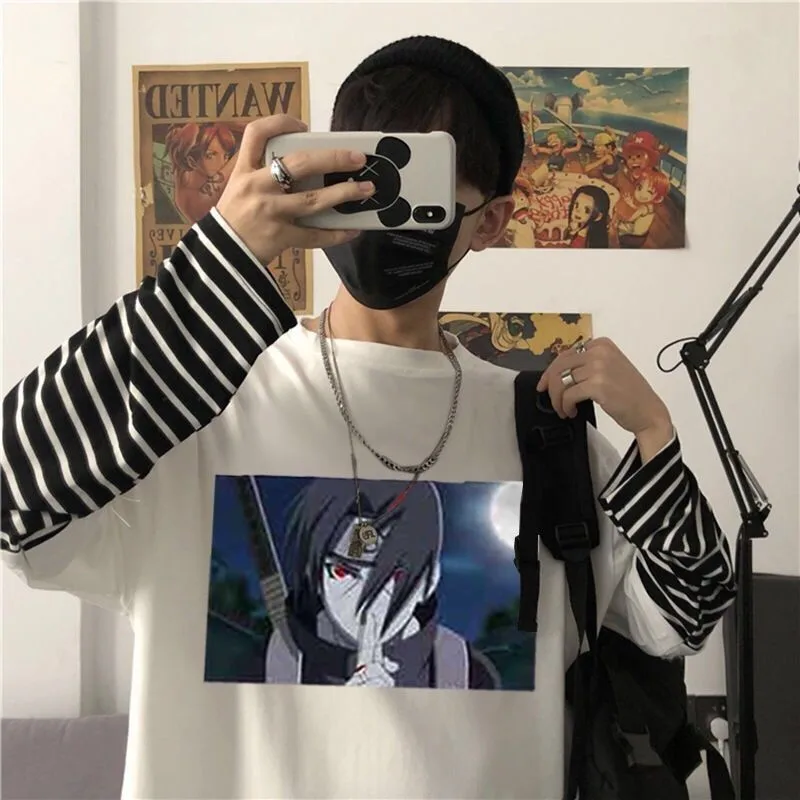 

Long Sleeve Fake Two-piece T Shirt Striped Big Shirts Men Clothing Men Fashion 2020 New Oversized Tees Clothes Tshirt