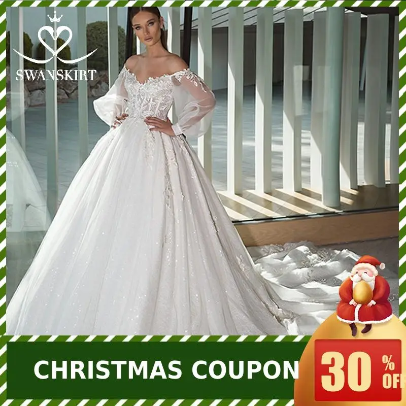 Vintage Appliques Ball Gown Wedding Dress Swanskirt Boat Neck Vestido de noiva lantern Sleeve Princess Bride Gown F148
