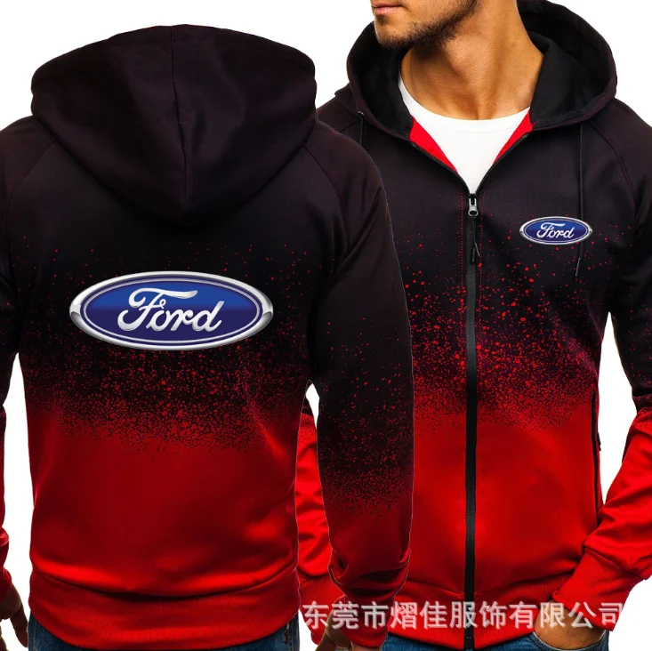 

NEW 2021 Spring Autumn FORD Print Sweatshirt Gradient Hoodies Fleece Zipper Jacket Mens Hoodie Harajuku Male Clothing