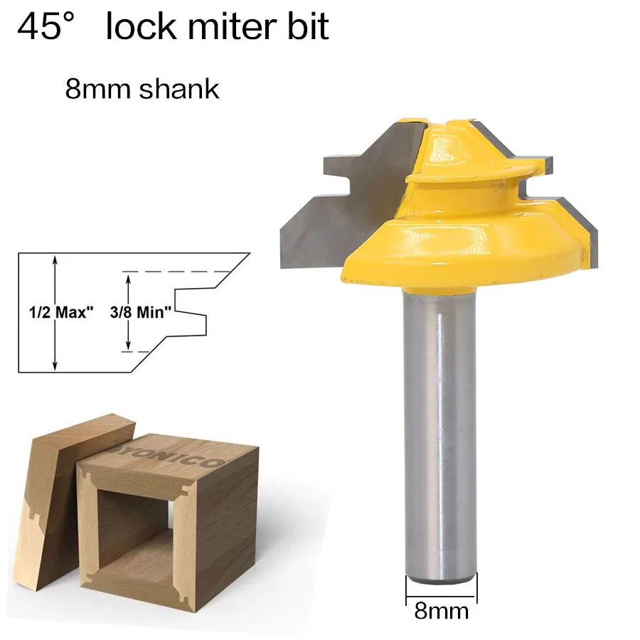 

1Pc 8mm Shank 45 Degree Lock Miter Router Bit Woodworking Tenon Milling Cutter Tool Drilling Milling For Wood Carbide Alloy