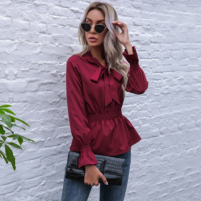 

2021 Spring / Summer Women Blouses Long Sleeve Casual V Neck Purity Shirt Women's Waist Pleated Tops Fashion Office Lady Shirt