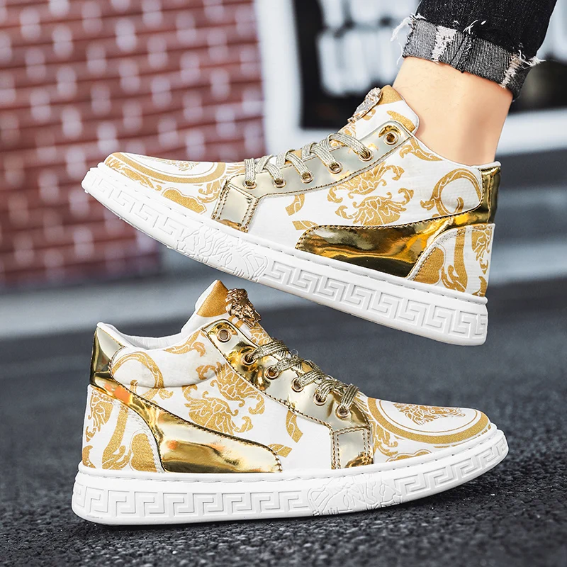 

Men Platform Skateboarding Shoes , Golden Totem Print Low Top Pu Sport Shoes , Luxury Fashion Brand Casual Shoes , Size 39-44