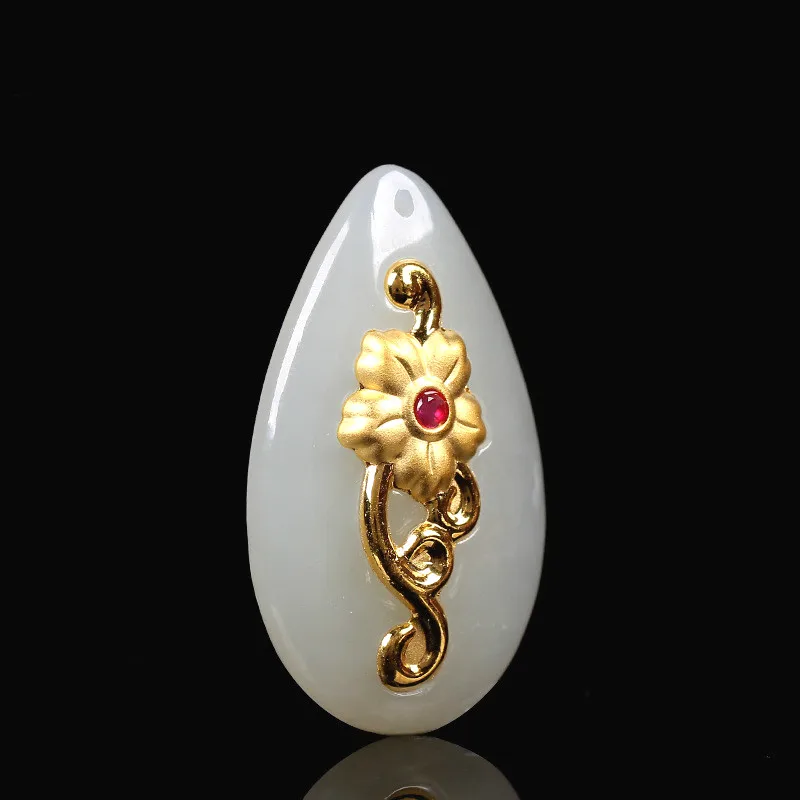 Натуральный китайский белый нефрит мозаика золотой цветок кулон ожерелье модное