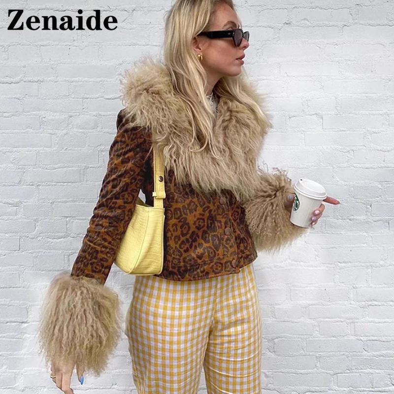 

Zenaide Autumn Faux Fur Leopard Print Cropped Jackets Coats Y2K Grunge Vintage Fashion Women Winter Long Sleeve Jacket Outwear