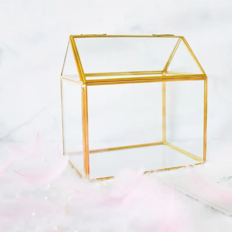 H7JC Geometric Glass Decor Terrarium Centerpiece Tabletop Planter Handmade Copper House Shape Flower Pot for Plants Succulents | Красота и