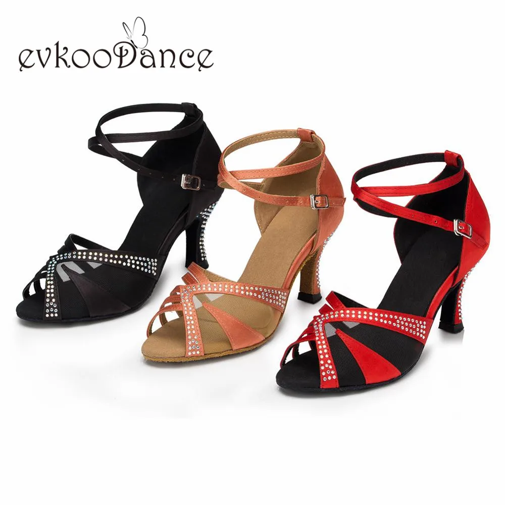 Фото Женские атласные туфли Evkoodance, черные/коричневые/красные туфли для латиноамериканских танцев, размер us 4-12, высота каблука 7 см, профессиональная фотообувь №4