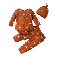 3 pcs newborn sun print outfits toddler long sleeve round neck playsuit trousers knotted cap comfortable and simple