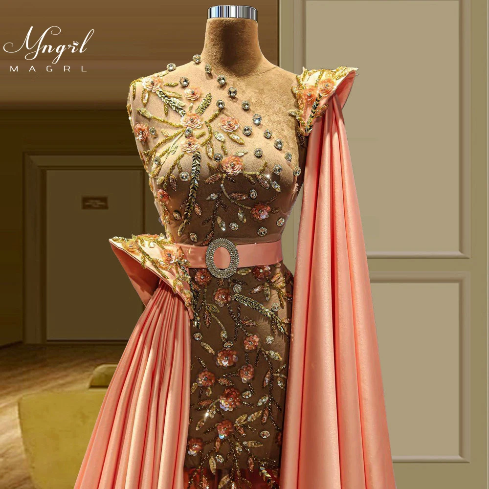 

MNGRL Luxury Evening Dress One-shoulder Long Sleeves Hand-applied Diamonds Glittering 2021 New Evening Dress Party Dress