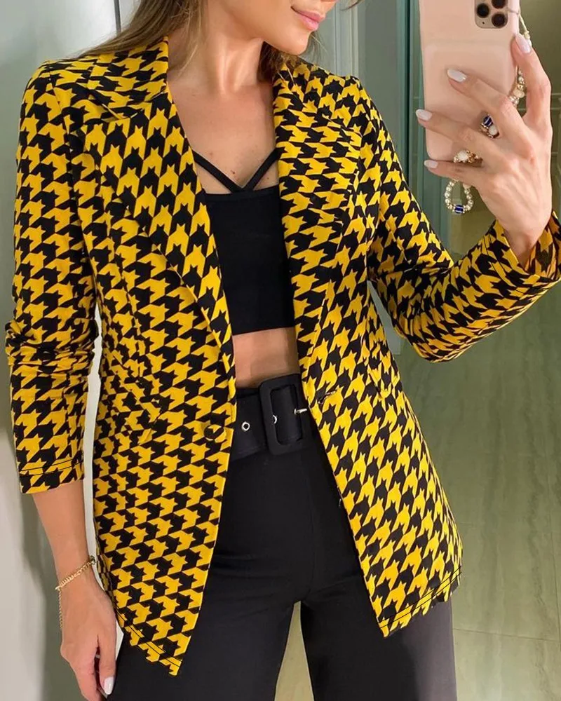

Long Sleeve Houndstooth Print Buttoned Blazer Coat,Women's Jackets, Women's Autumn and Winter Suit Collar Slim Jackets