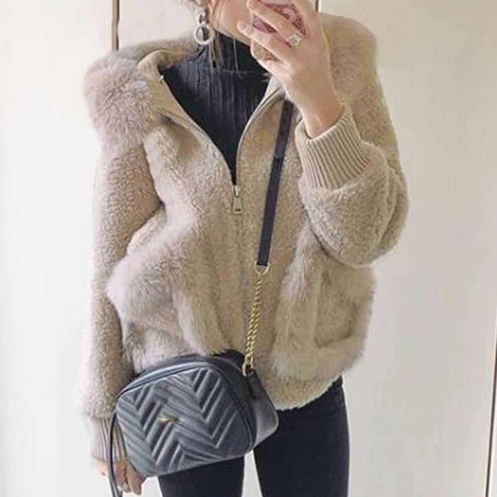 Женские толстовки с капюшоном осенняя однотонная бежевая меховая элегантная
