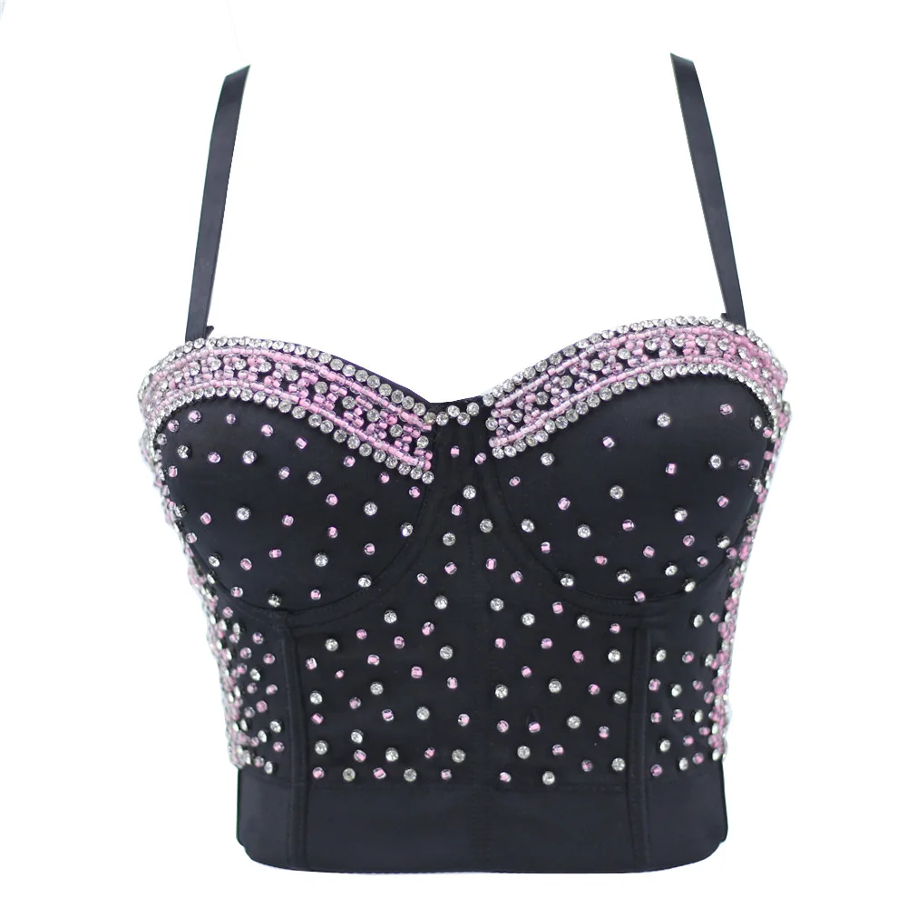 

2021 Новый Для женщин Camisole розовый яркий с бисером в виде бриллиантов; Обувь класса люкс с открытой спиной сексуальный топ пуш-ап бюстгальтер-...