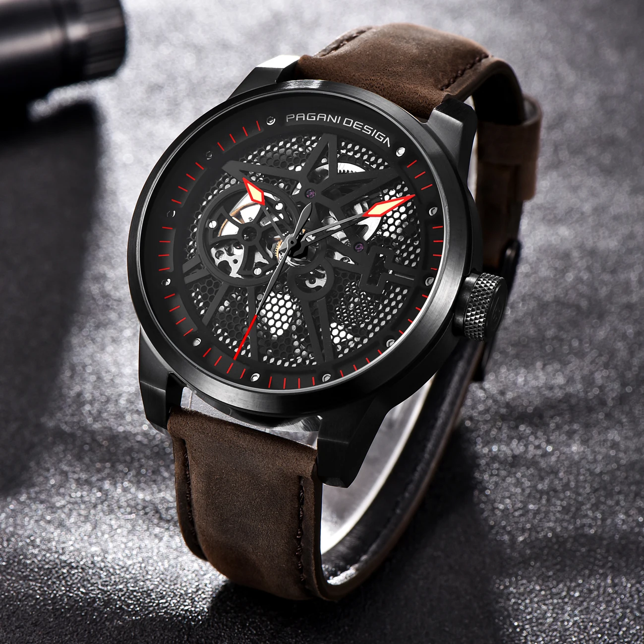 

PAGANI DESIGN Brand Hot Sale 2021 Skeleton Hollow Leather Men's Wrist Watches Luxury Mechanical Male Clock New Relogio Masculino