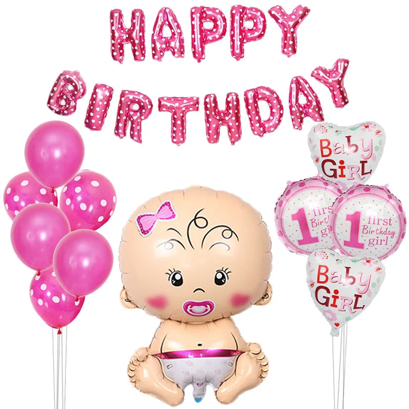 

One Year Old Baby Happy Birthday Balloons Decorations Pink Round Aluminum Foil Balloon Baby Shower Decor Boy Girl Kid Toy Ball