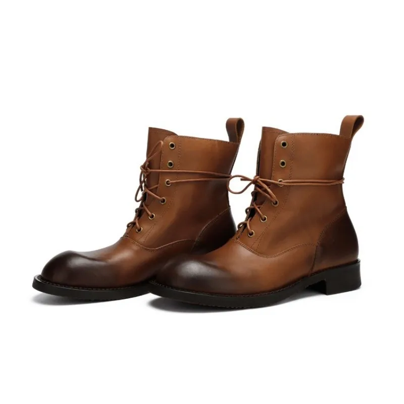 Ботинки мужские с круглым носком натуральная кожа на шнуровке мотоциклетные