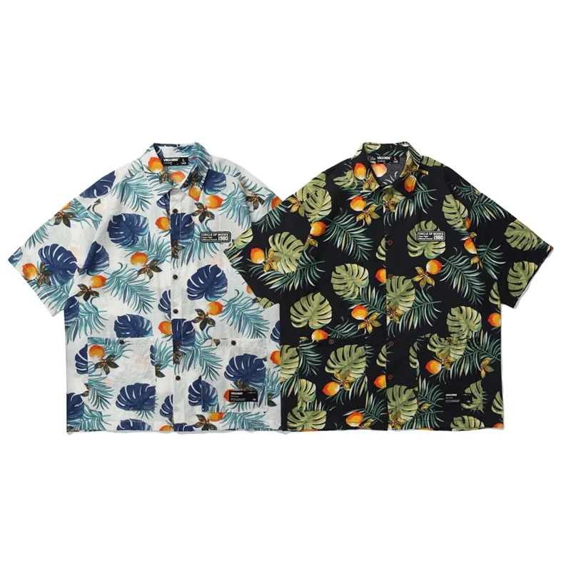 

VEGORRS New Ins Hong Kong Style Retro Chic Flower Short Sleeve Shirt Trend Couple Flower Beach Shirt Men