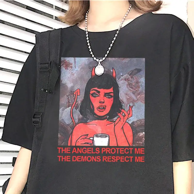 

WK Angel and DemonT Shirt Women Summer Casual Tshirts Tees Harajuku Korean Style Graphic Tops Kawaii Female T-shirts Woman