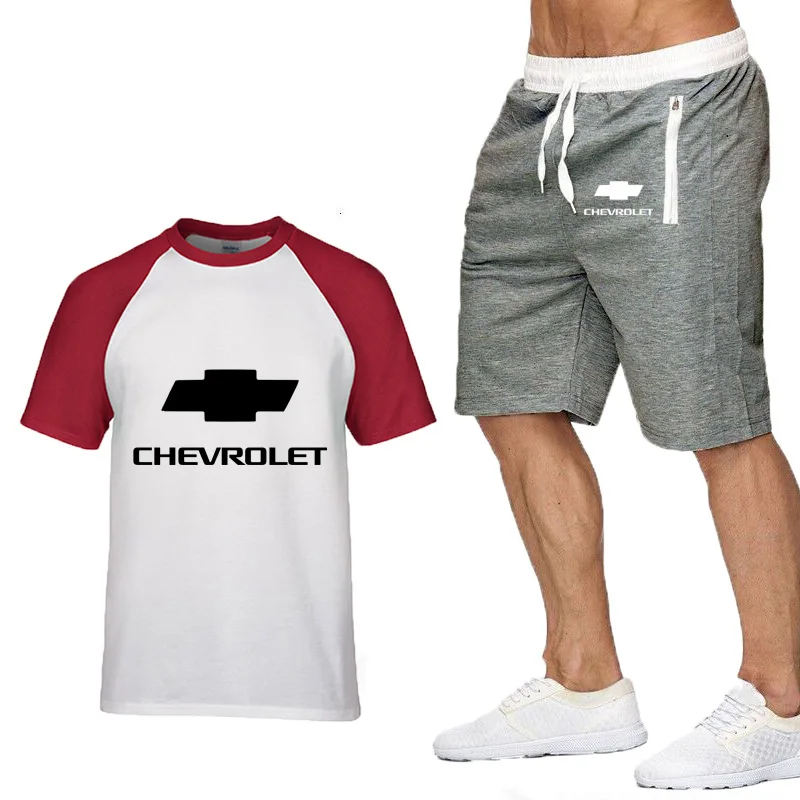 

New 2020 Summer Chevrolet Car Logo High Quality Cotton Crew neck Short Sleeve Mens T-Shirt+Pants Suit 2Pcs