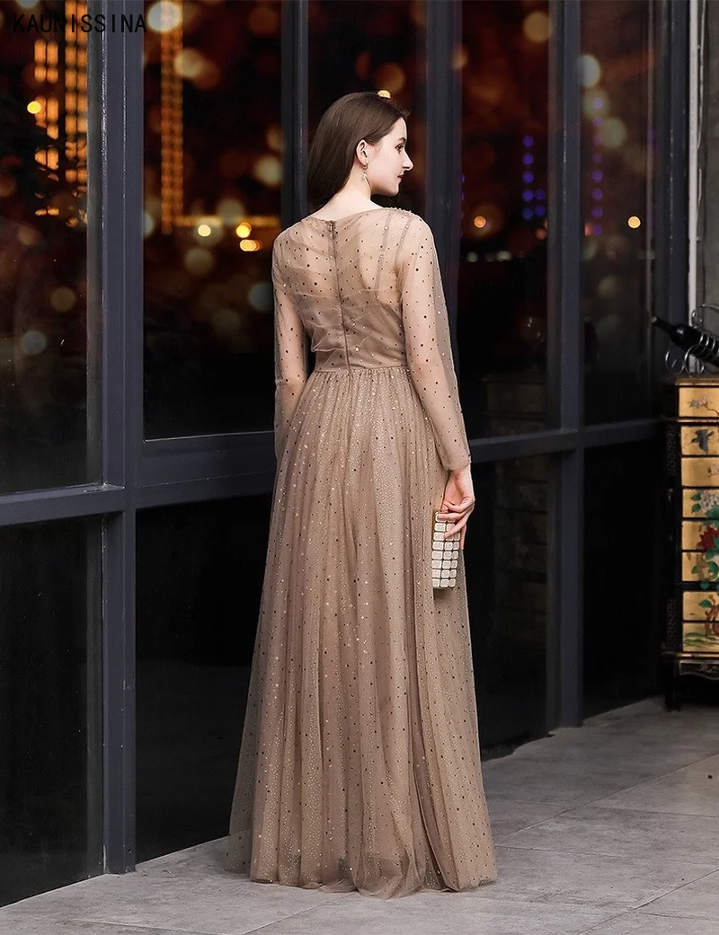 

KAUNISSINA Starry Evening Dresses Long Sleeve Graduation Birthday Party Formal Dress Women Elegant Sparkle Prom Gowns Plus Sizes