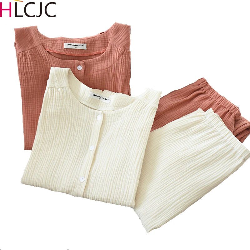 Новинка 2021 Осенние хлопковые брюки из крепа с длинным рукавом пижамы для женщин