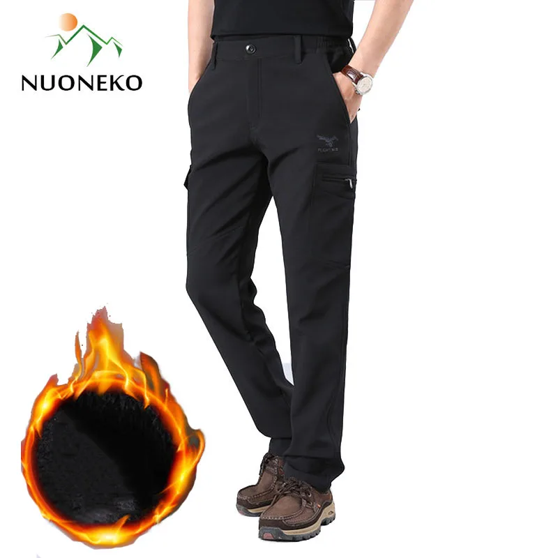 NUONEKO Men's Thick Fleece Hiking Pants Winter Men Warm Softshell Trousers Outdoor Sports Trekking Skiing Waterproof Pants PM32