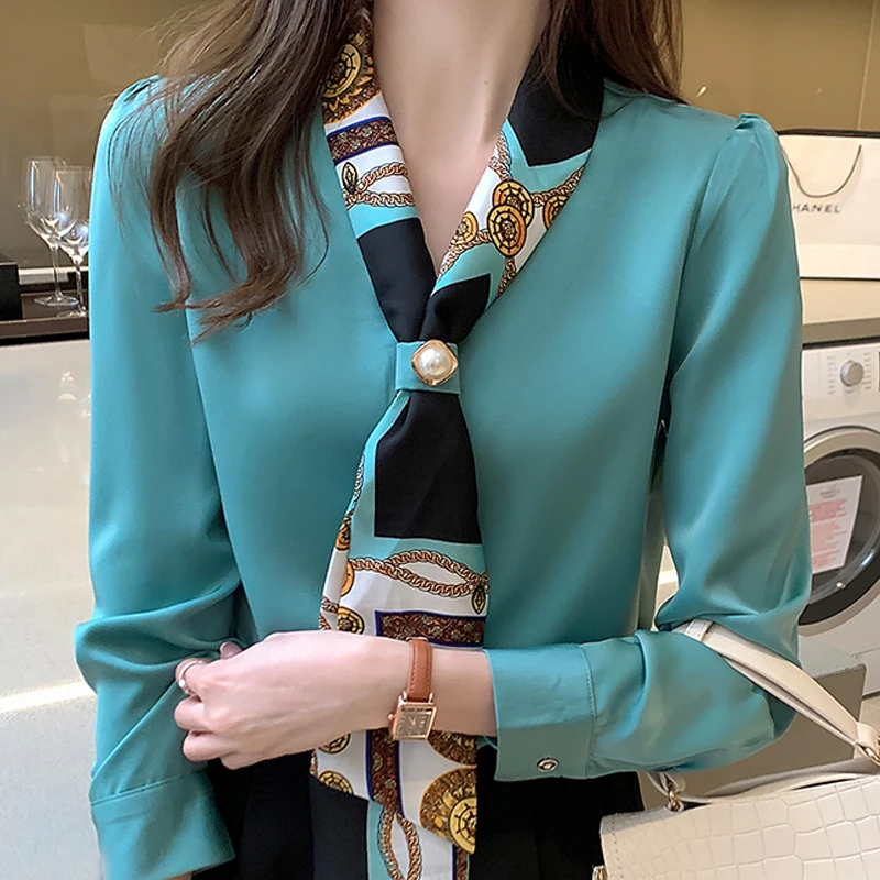 

Women's long-sleeved v-neck blouses, chiffon blouses with bow and v-neck
