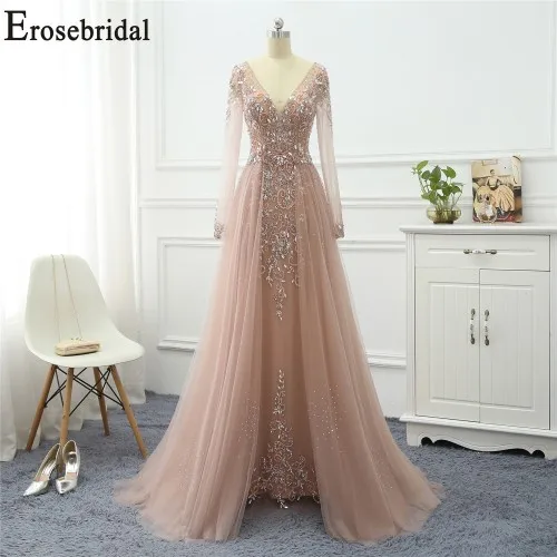 SOYBEAN Long Sleeve Erosebridal платья с длинным рукавом для особых случаев для женщин вечернее платье Длинные официальные платья вечерние платья тюль ткань с бисером - Цвет: SOYBEAN Long Sleeve