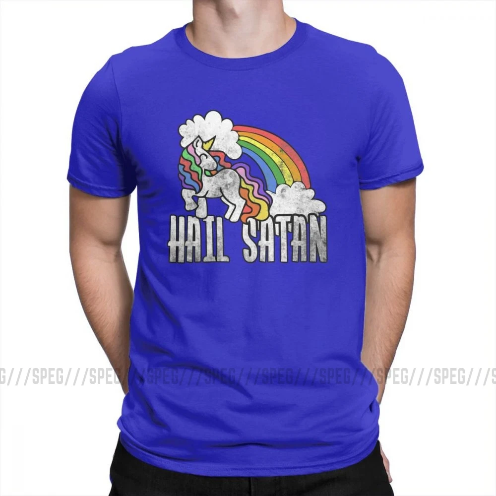 Футболка с надписью «Hail satan» в стиле ретро, радужная футболка с единорогом, футболка с коротким рукавом на заказ, Мужская футболка, топ, группа размера плюс, хлопок, Мужская футболка с круглым вырезом - Цвет: Синий