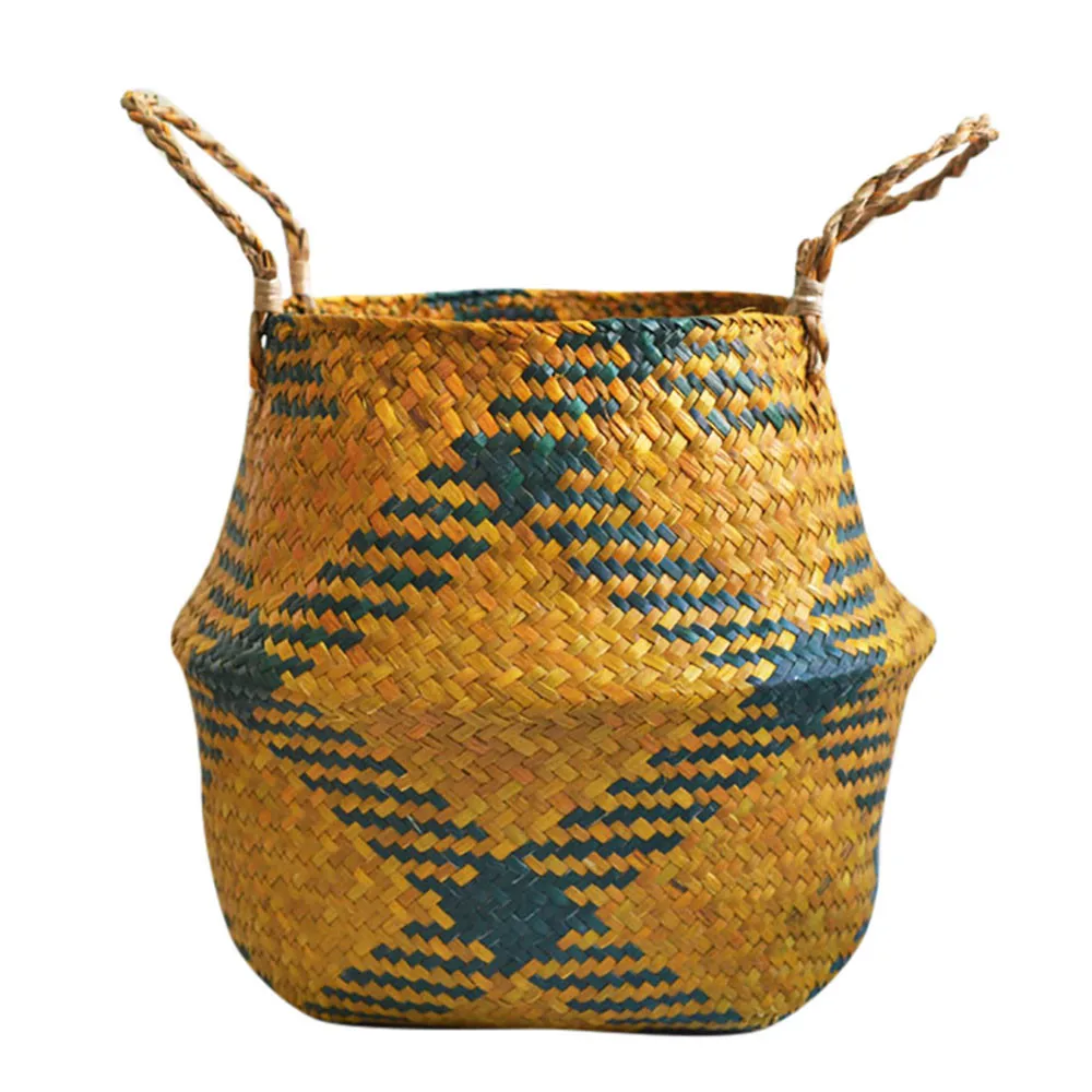 

Handmade Woven Storage Basket Folding Clthoes Laundry Basket Straw Wicker Rattan Seagrass Belly Garden Flower Pot Plant Basket