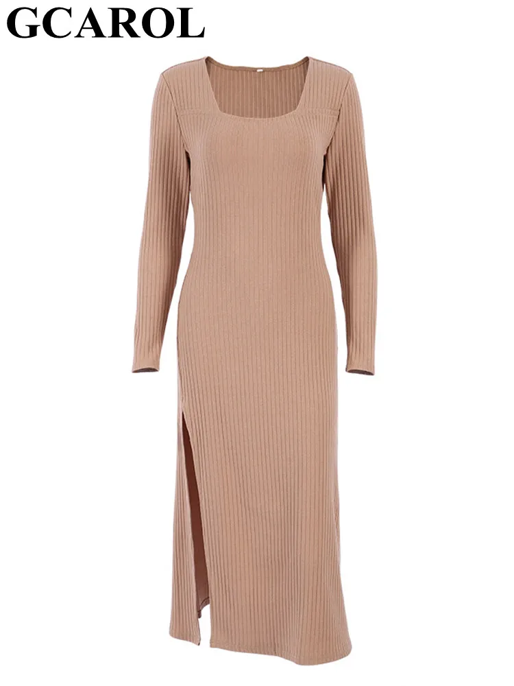 

GCAROL женское сексуальное платье до середины икры с квадратным воротником, корсет из хлопка 68%, вязаное облегающее платье на весну, осень, зиму