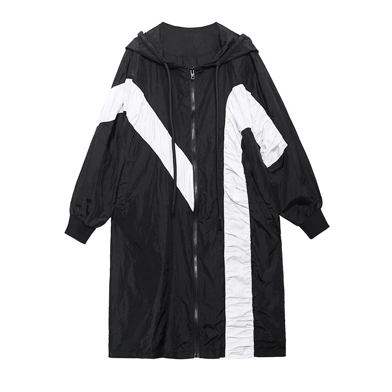 

Vefadisa Black White Patchwork Women Long Coat 2021 Spring Autumn Hooded Stitching Color Women Coat Plus Size Casual QYF5180