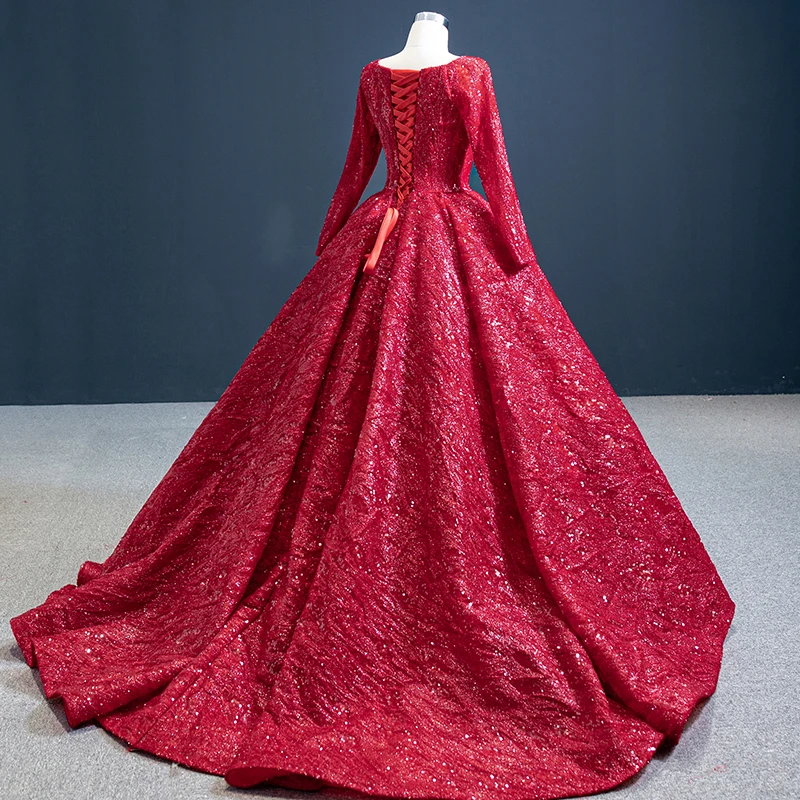 J67121 JANCEMBER Red Elegangt Simple Evening Party Dresses 2021 Sequined Court Train O-Neck Full Sleeve Ball-Gowns