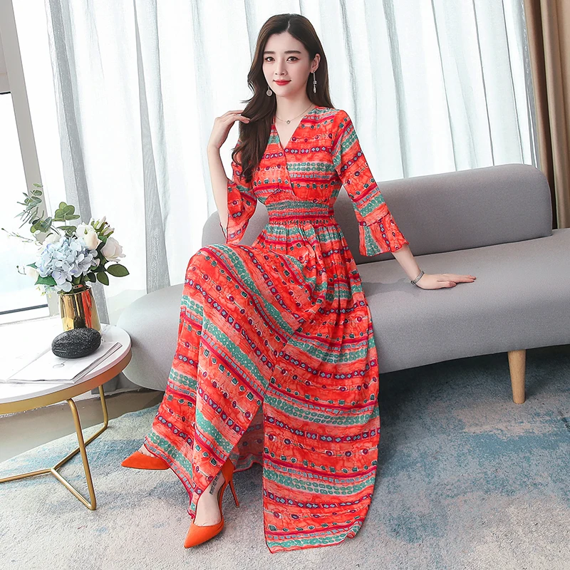 

Summer Maxi Dress Fashion Women Ethnic Print Sexy V-neck Thin Chiffon Vintage BohoTropical Party Elegant Runway Dresses Vestidos