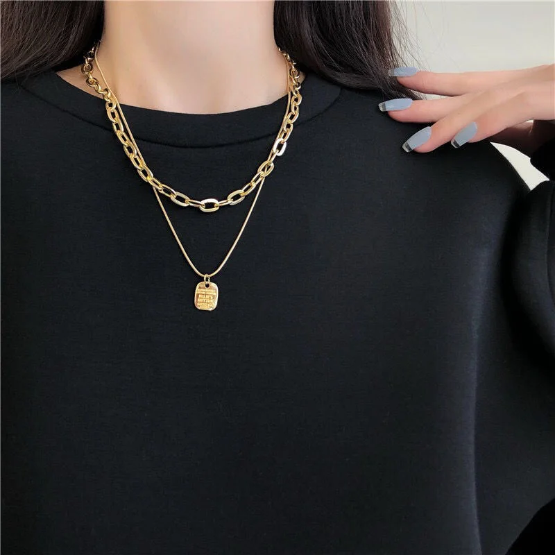 

Double layer multi-layer square brand chain necklace accessories ins pendant hip hop simple temperament clavicle chain neck