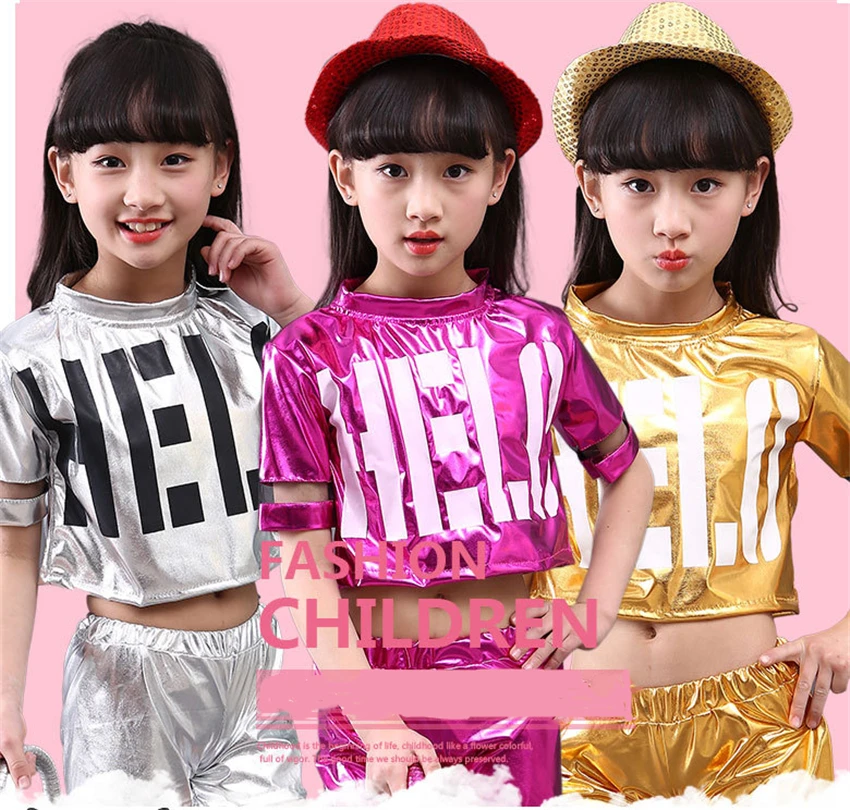 Детский костюм для джазовых танцев блестящий короткий топ и шорты девочек